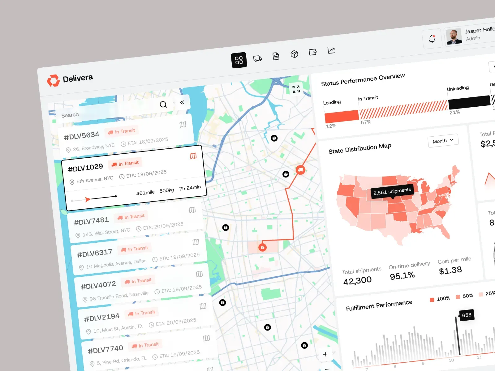 Delivera dashboard detail — delivery list, map routing, state distribution