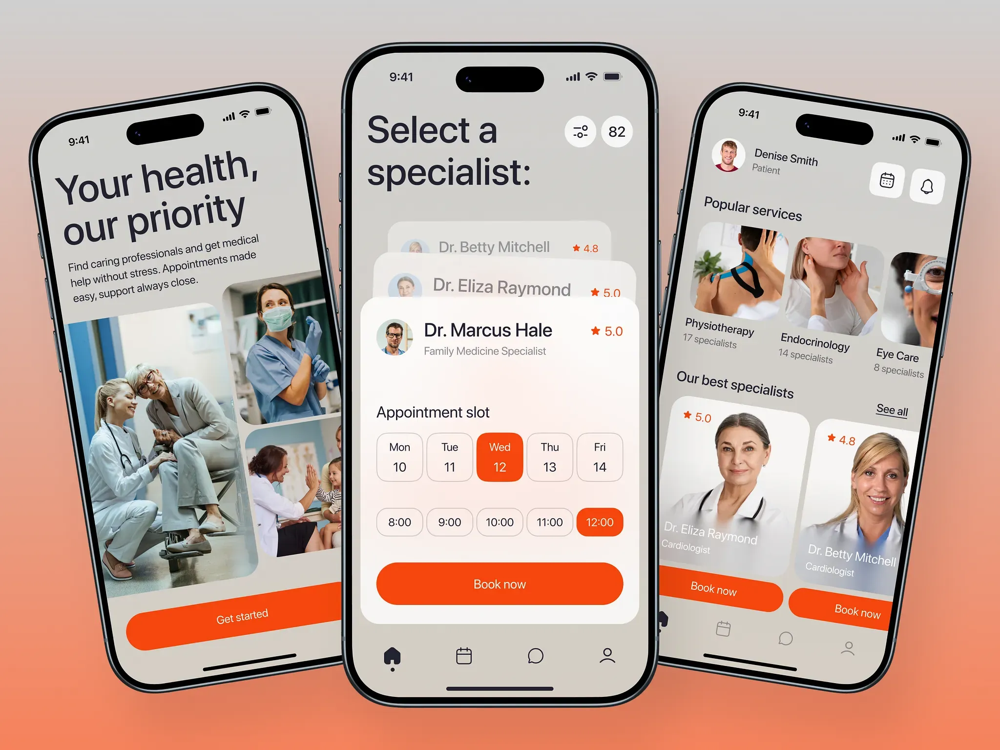 DocConnect mobile app screens showing specialist selection and services