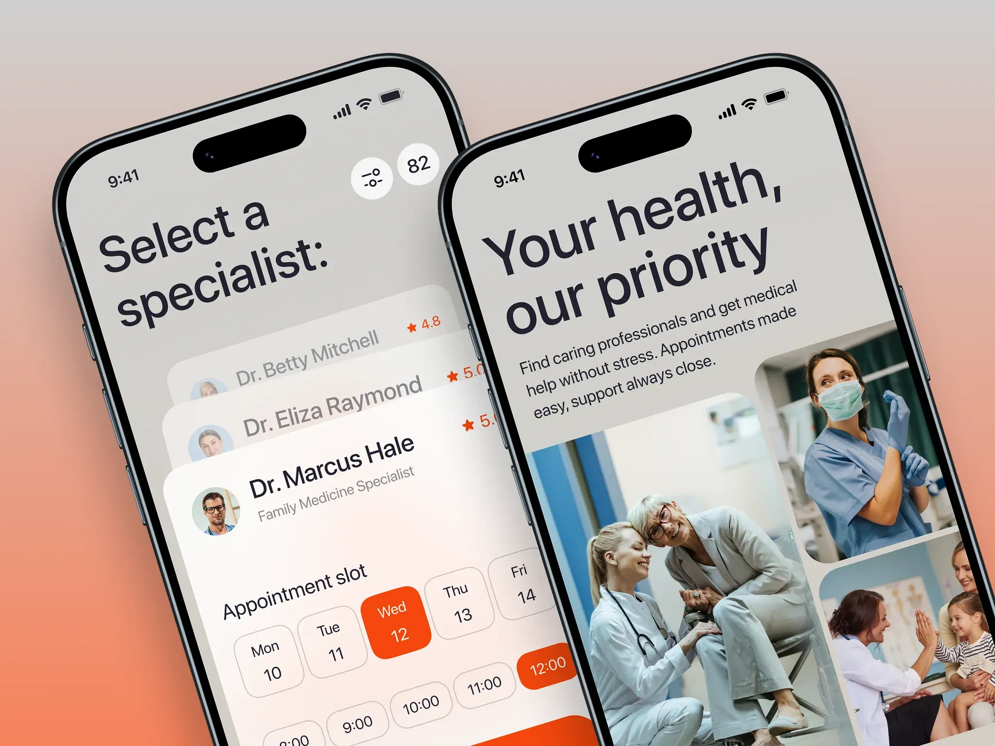 DocConnect close-up of specialist booking and health priority screens
