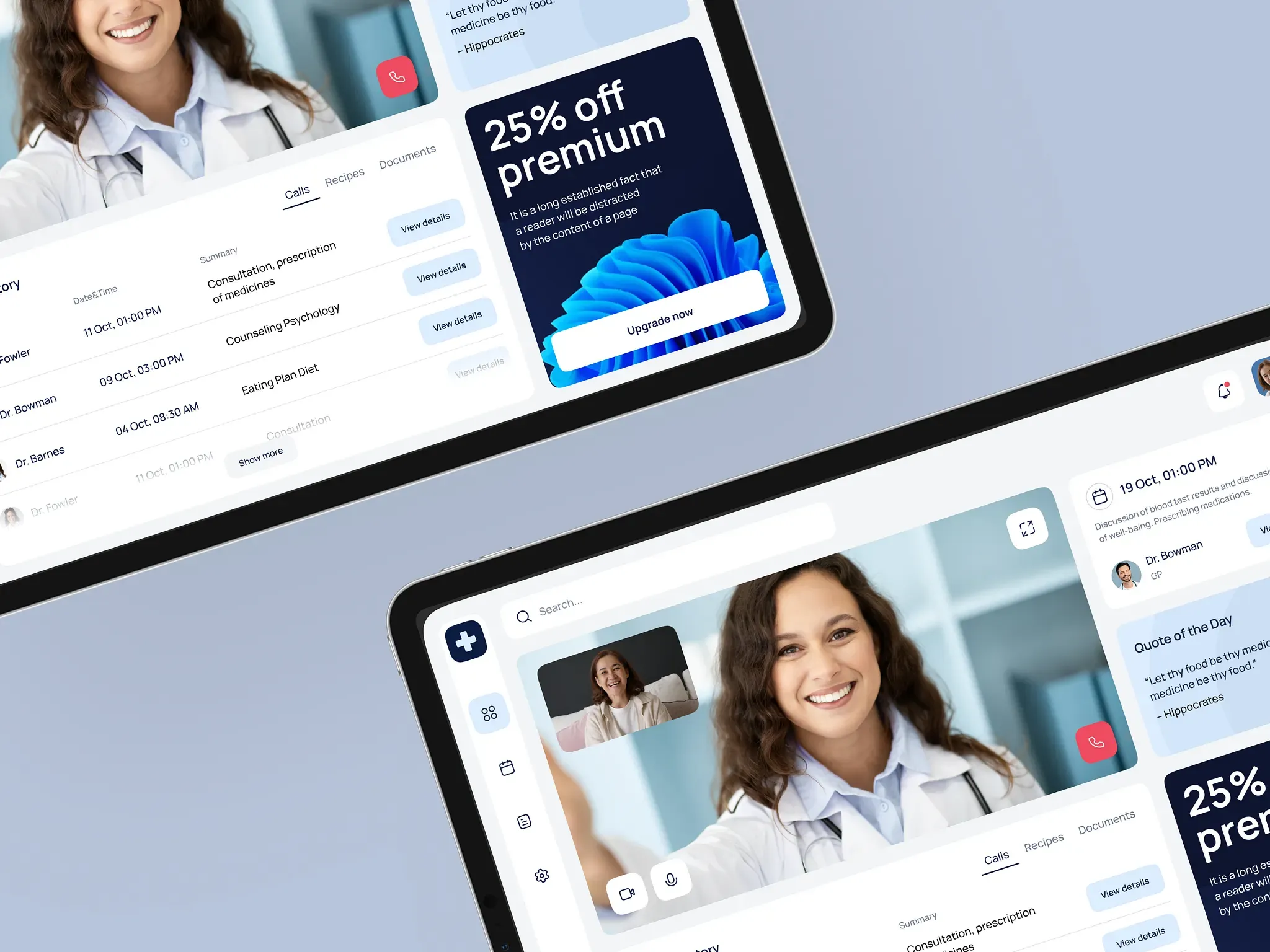 DocConnect tablet views with consultation history and video calls