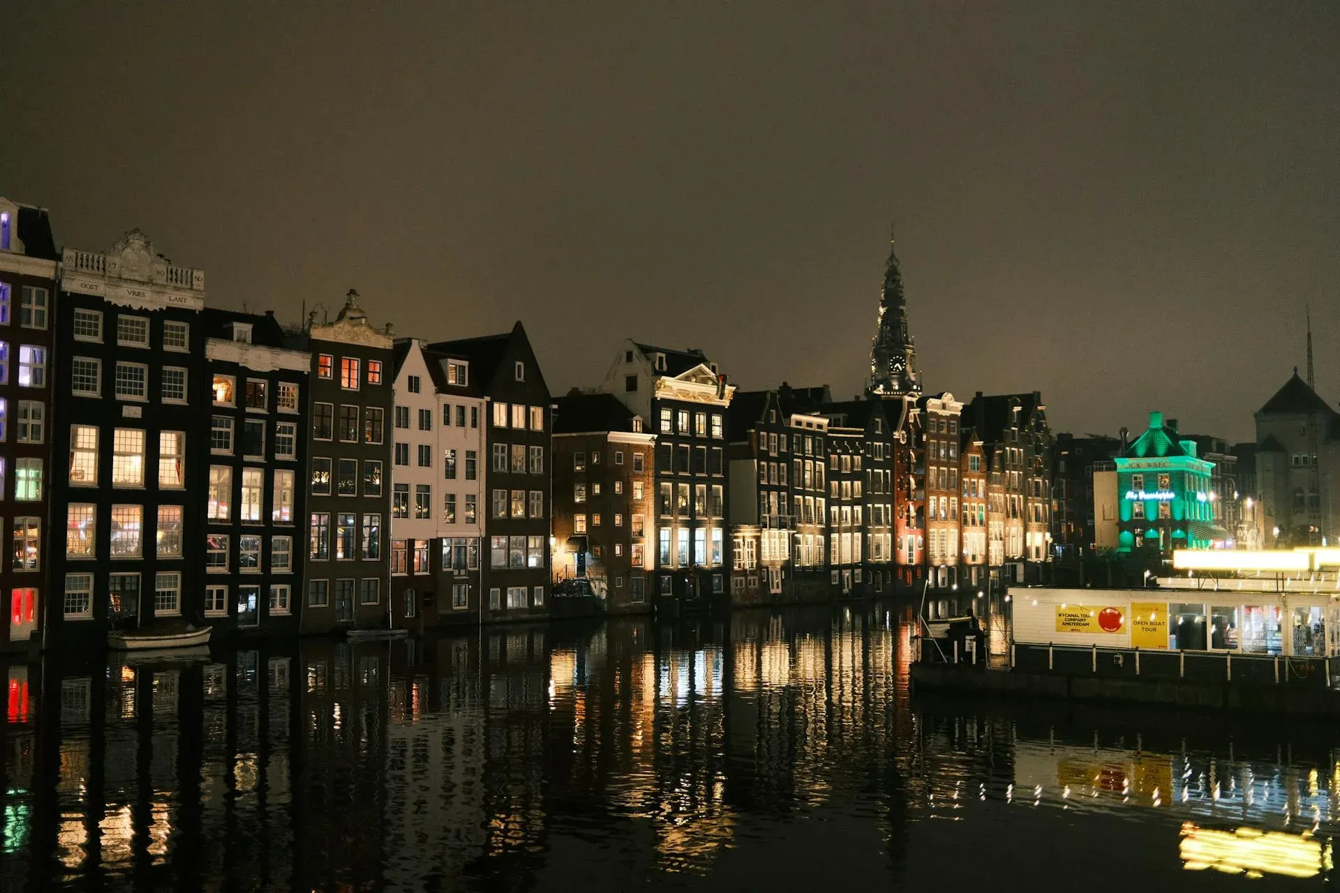 Amsterdam canal houses at night