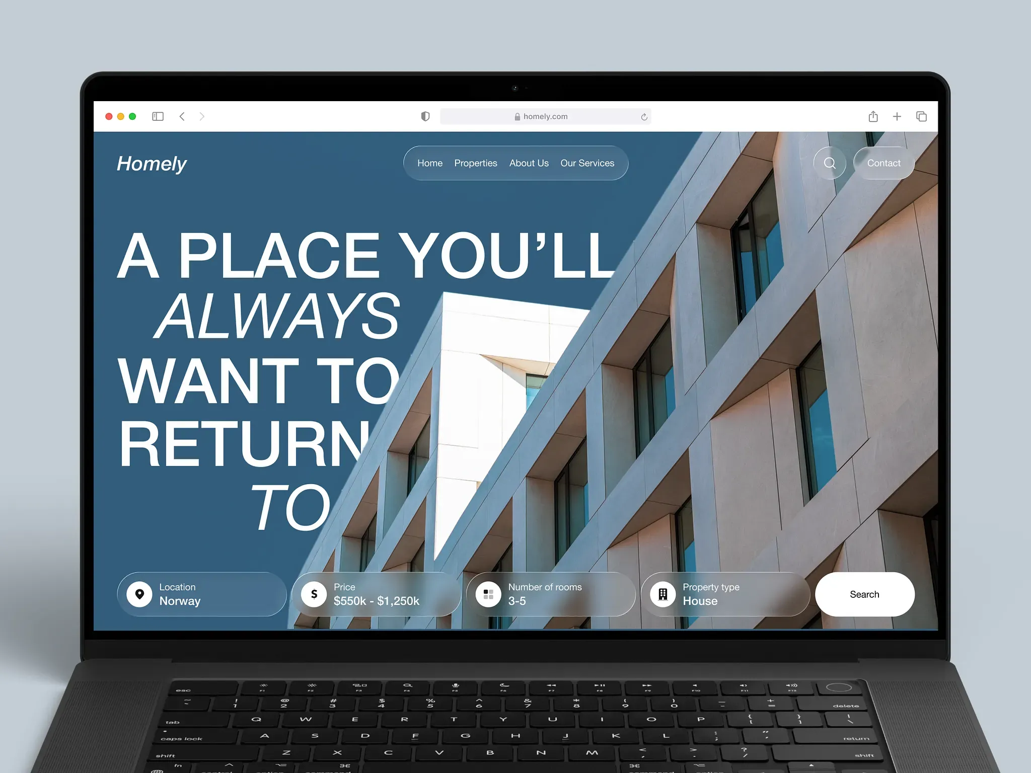 Homely website hero showing property search