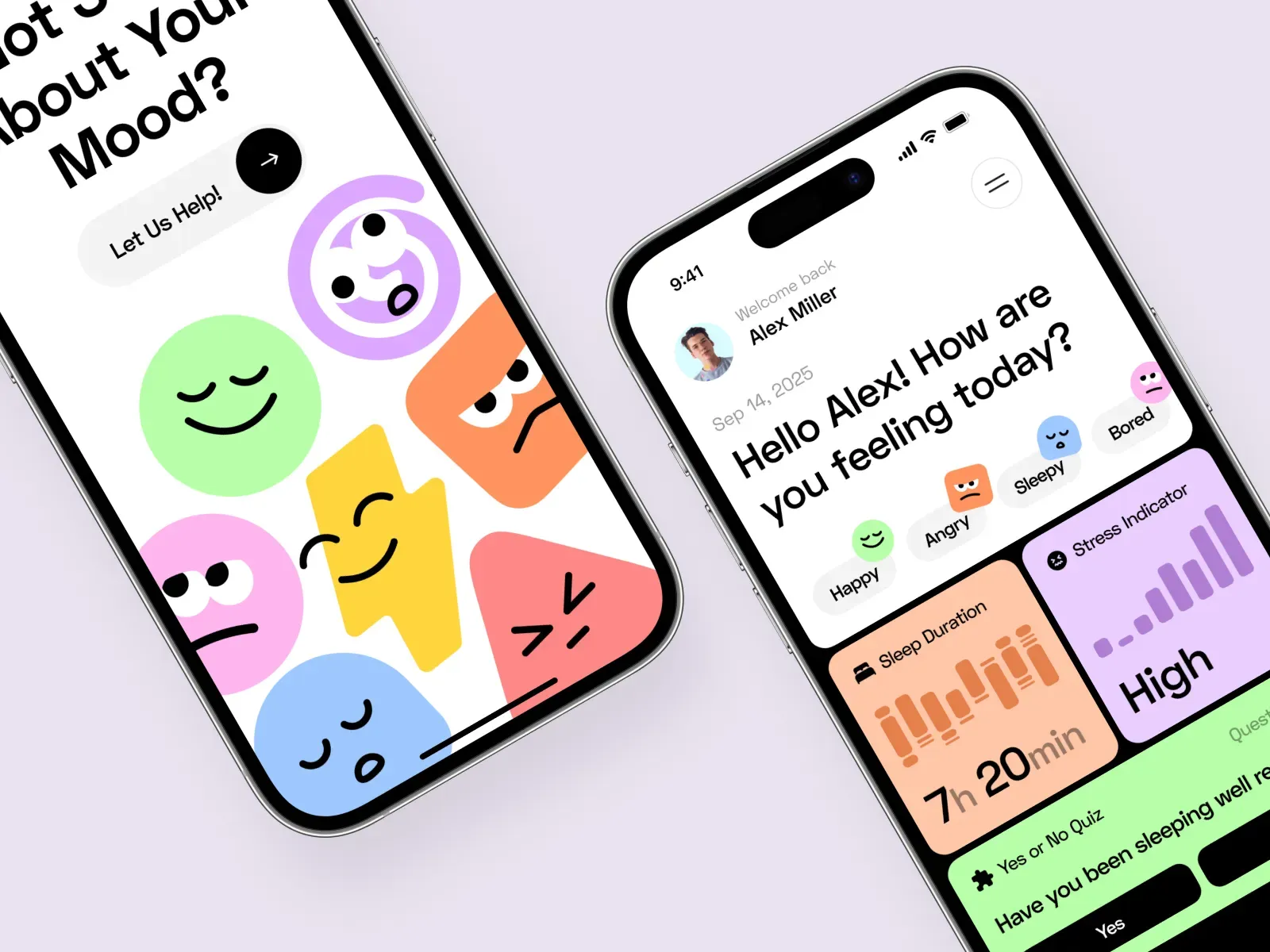 MoodSync close-up of mood quiz and daily check-in