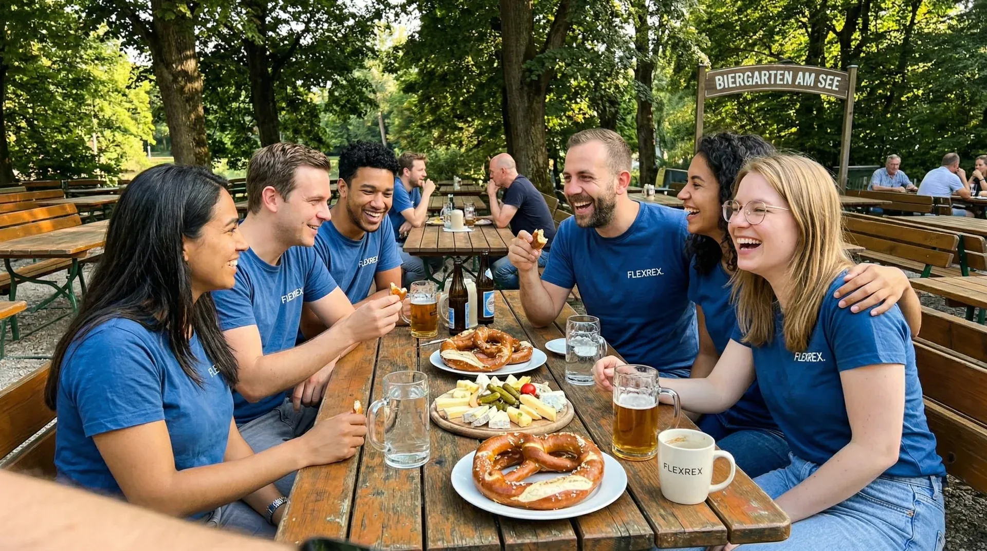 Flexrex team at a biergarten wearing company shirts